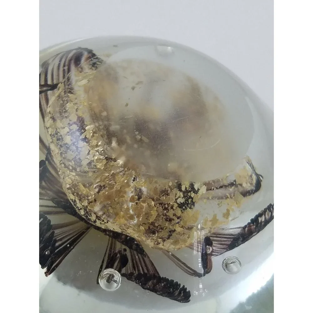 Oval Shaped Paperweight Clear Glass Flower Bubbles Brown Gold Jellyfish Mushroom